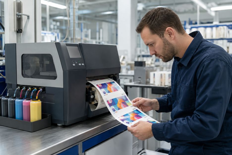 Technician checks vivid labels from inkjet printer